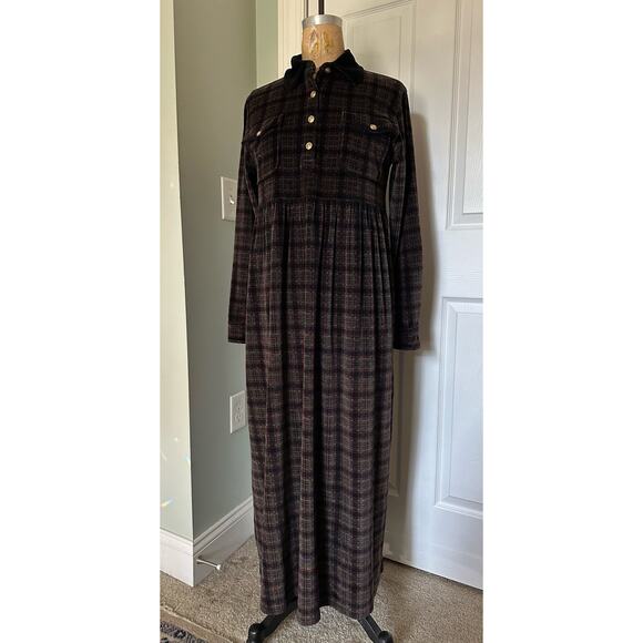 Jones New York M velvet maxi dress home gown Christmas checked black dark plaid - Picture 1 of 15
